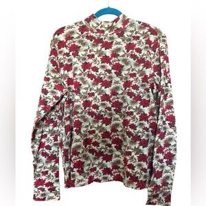 Medium Poinsettia Green Foliage Mock Neck Long Sleeve Shirt Christmas Holiday